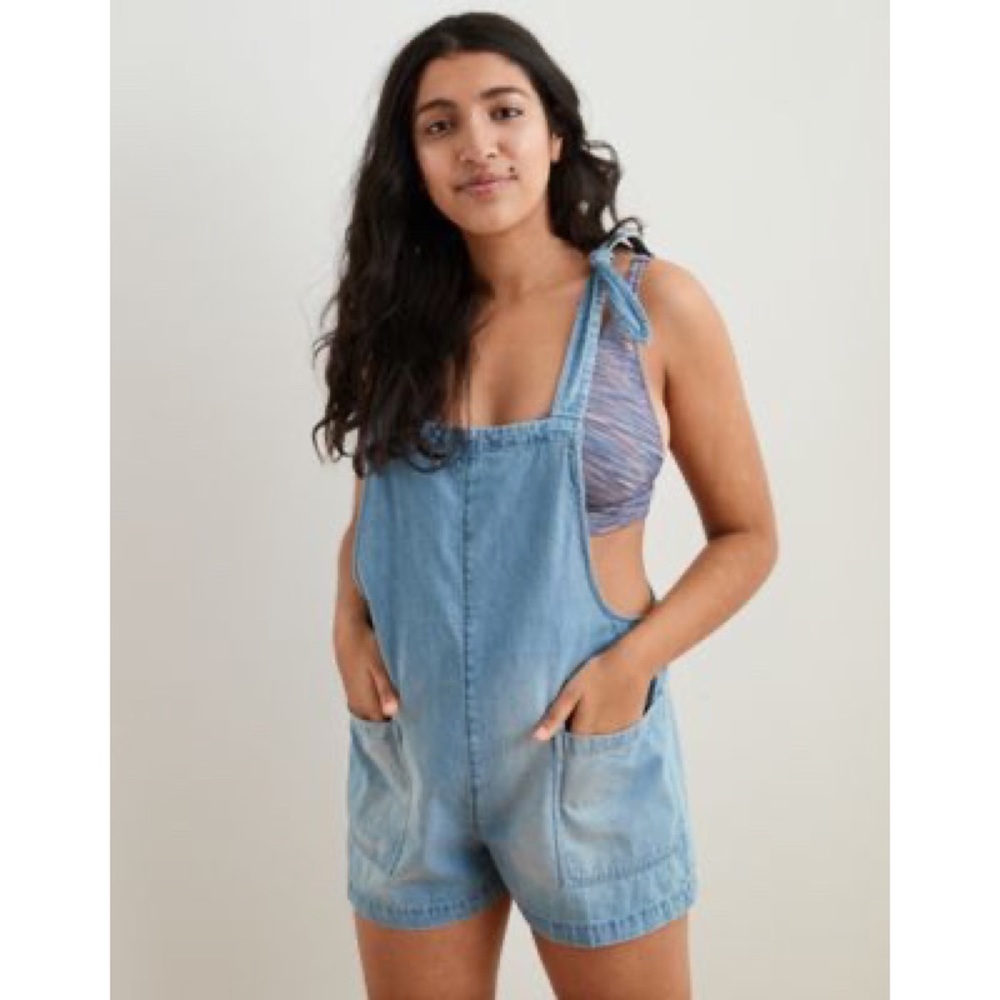 Chambray tie overall shorts